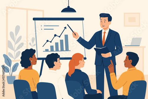 Business training seminar, team workshop, corporate coaching session, group meeting, manager presenting growth chart, staff learning new skills, office discussion concept