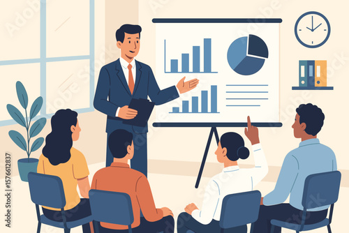 Business training seminar, professional workshop, corporate team meeting, employee skill development, coaching session, manager presenting charts, teamwork, office discussion
