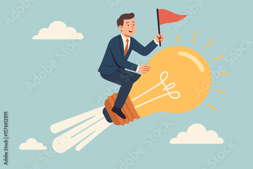 Businessman riding flying light bulb holding red flag. Success business idea, innovation, entrepreneurship, startup launch, leadership, achievement, creative solution concept