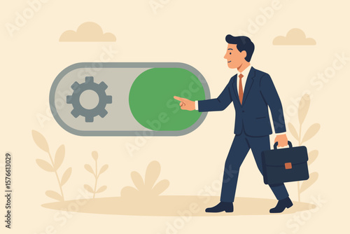 Businessman Activates Settings Switch, Initiates Change, Startup Launch, Innovation, Paradigm Shift, Business Improvement, Preference Adjustment, Modern Corporate Concept Vector