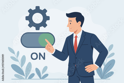 Businessman Activates On Switch for Paradigm Shift, Startup Launch, Change Management, Business Settings, Preference Adjustment, Innovation, Success, Leadership Concept