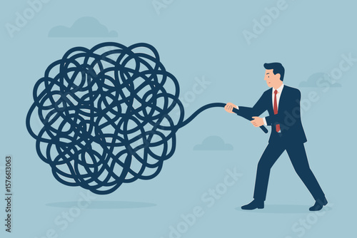 Businessman untangling complicated knot, solving complex problem, overcoming confusion, chaos, messy issue, business trouble, metaphor for challenge, solution, difficulty