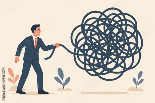 Businessman unraveling tangled chaos, solving complex knot, confusion, messy issue, problem difficulty, challenge, business trouble, metaphor for solution, decision making