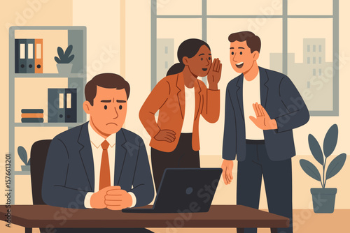 Workplace gossip and office bullying concept. Two colleagues whispering and talking behind a sad employee's back. Rumor, social exclusion, and toxic work environment.