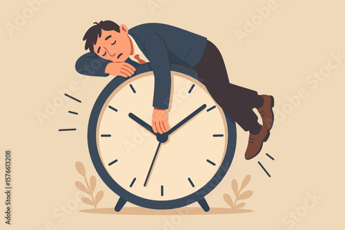 Burnout concept with tired employee sleeping on alarm clock. Procrastination and deadline pressure metaphor. Exhausted lazy man wasting time. Overwork and fatigue vector.