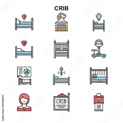Set of flat line vector icons featuring baby cribs, hospital beds, and medical equipment for newborn and maternity care