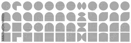 Concentric circle line pattern logo, abstract art deco square, endless spiral arch. Undulate curve shape, Japanese music oval, geometric orient home modern decor. Retro cover grid, Zen wave rainbow