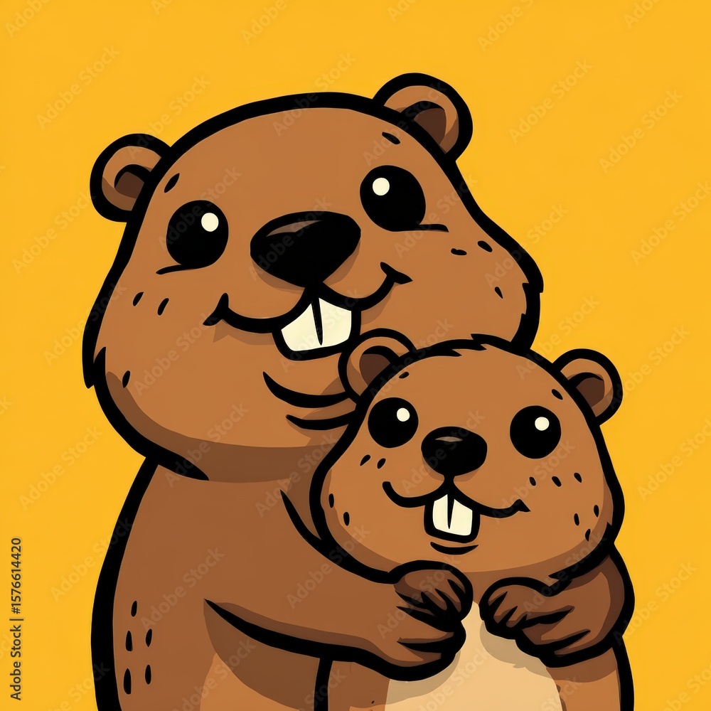 Fototapeta premium Cute Cartoon Beavers Embracing with Cheerful Expressions and Smiles