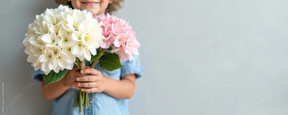 Cute boy holds white and pink hydrangea bouquets. Springtime celebration with flowers. Perfect for Mother Day, Valentine, or birthday cards. Offers ample copy space for personalization. Cute boy holds white and pink hydrangea bouquets. Springtime celebration with flowers. Perfect for Mother Day, Valentine, or birthday cards. Offers ample copy space for personalization.