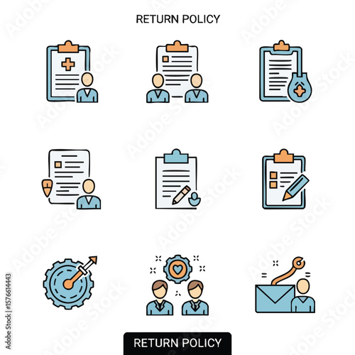 Vector icons representing different aspects of a return policy, including medical, teamwork, security, and customer service