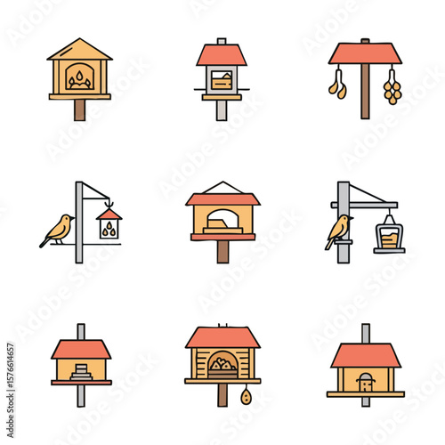 Vector illustration of colorful bird feeder icons. Set includes various designs, from simple platforms to house-shaped structures