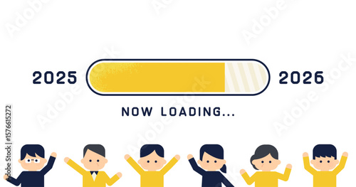 2025から2026へ移行中の読み込みバーと人物イラスト | ベクター 背景 アイキャッチ