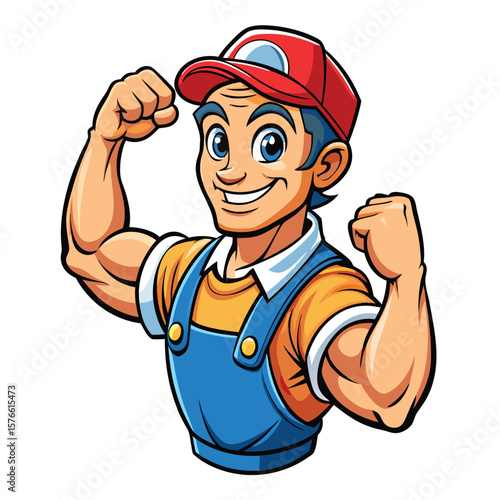 Cartoon strong worker in overalls and hat