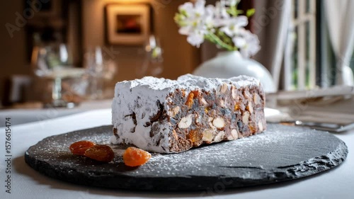 Traditional Italian panforte, a dense fruit and nut cake, on a simple surface.
