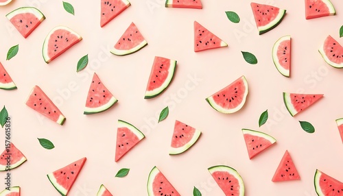 Watermelon Slices with Green Leaves Pattern on Light Pink Background