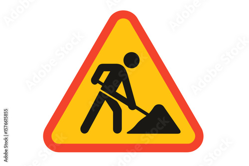 Road work ahead warning traffic sign. Man at work symbol. Under construction icon. Street repair and maintenance concept. Highway safety caution pictogram isolated on white.
