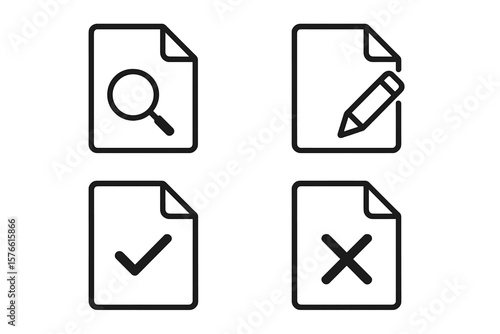 Document icon set. File management symbols. Search, edit, approve, reject signs. Find page with magnifying glass. Write with pencil. Confirm with check mark. Deny with cross.