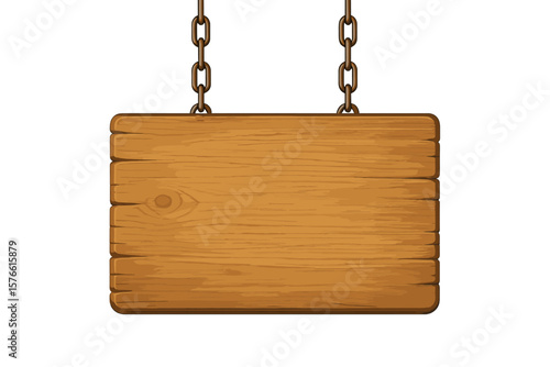 Blank wooden sign hanging on a chain. Rustic wood plank signboard. Empty textured timber panel for message. Vintage brown background. Frame for text or logo vector illustration.