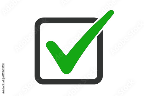 Green check mark icon in a black box. Tick symbol for correct, approved, and confirmed. Yes vote for agreement and success. Checklist element for verification and task done.