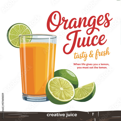 A glass of orange juice with lime slices on a wooden table with text and leaf accents