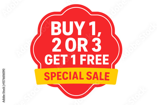 Buy one get one free special sale offer label. Discount tag sticker for marketing promotion. BOGO retail price tag for advertising. Red and yellow vector illustration.