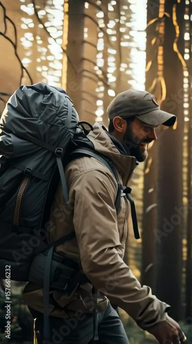 full-body, male outdoor adventure guide leading group hike, forest trail, backpack and gear, energetic, natural sunlight