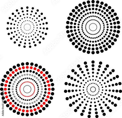 concentrated circles of red, black and gray, halftone, vector