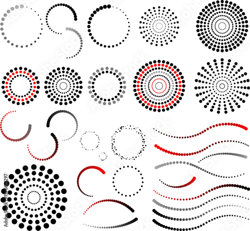 concentrated circles of red, black and gray, halftone, vector
