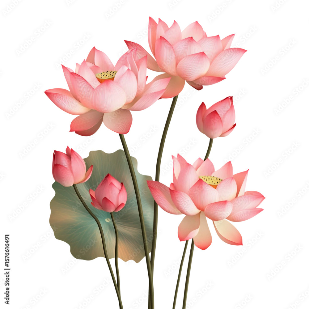 Fototapeta premium realistic bunch lotus flowers isolated on white background. Generative AI