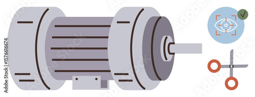 Electric motor with rotor and stator details, efficiency check symbol, scissors tool. Ideal for engineering, manufacturing, maintenance, energy efficiency, safety innovation technology. Simple flat