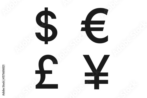 International currency symbol icon set. Main world currencies signs collection. Dollar, euro, pound and yen money signs. Finance, business and economy vector symbol pack.