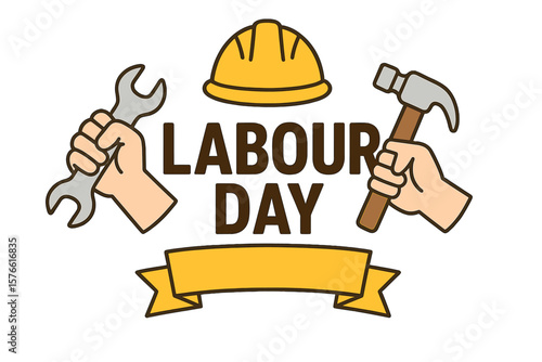 Labour Day Celebration Poster. Vector Illustration of Workers’ Hands Holding Wrench and Hammer, Yellow Hard Hat, Banner. Labor Union, Worker Rights, May Day, Transparent PNG