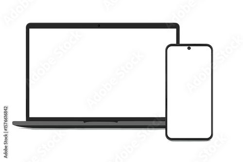 Laptop computer and smartphone mockup. Blank screen mobile phone and pc for ui, app, website, product demo presentation. Realistic modern device vector illustration set.