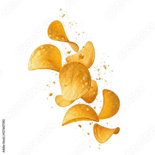 A tasty snack with a satisfying crunch. Golden potato chips falling on a black backdrop, perfect for snack related designs.
