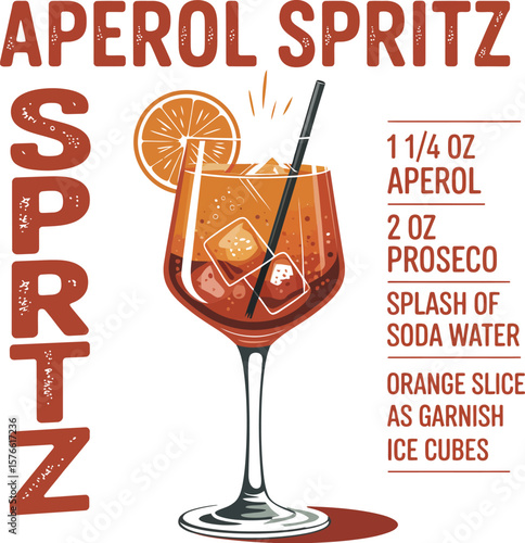 Illustration of aperol spritz cocktail with orange slice and ice cubes in wine glass