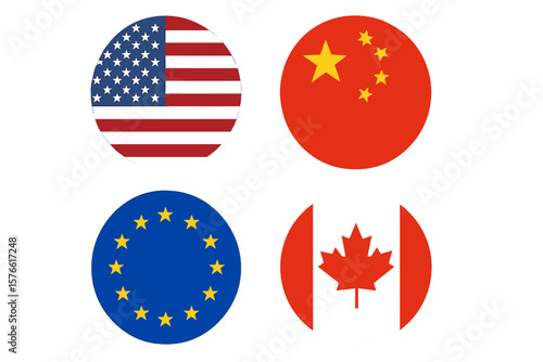 USA, China, EU, Canada round flag icons set. United States, European Union, Canadian flags. International relations, trade war, politics, economy, tariff conflict symbol.