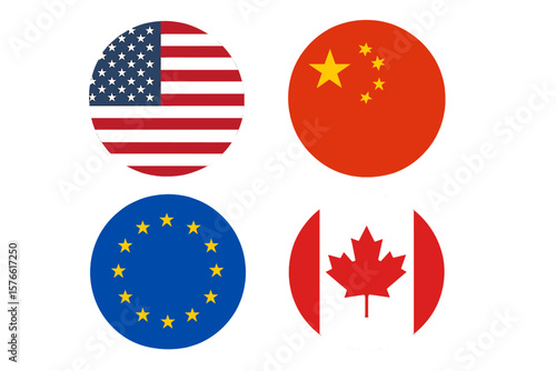 USA, China, EU, Canada flag icons. International trade war, import tariff conflict concept. Geopolitics, economic sanctions, global relations vector illustration set.