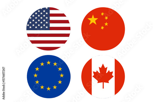 USA, China, EU, Canada flag icon set. Round glossy badges of United States, Chinese, European Union, Canadian flags. International relations, trade war, tariff conflict vector.