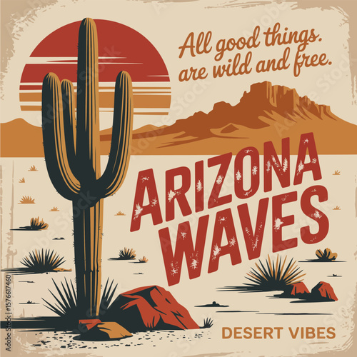 Illustration of a desert landscape with a cactus, mountains, and the words arizona waves