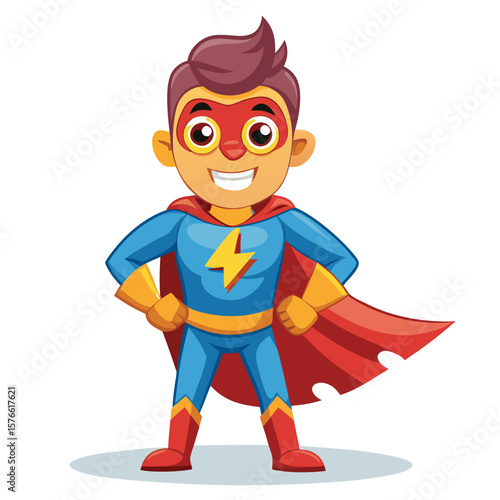 Cartoon boy superhero, smiling, in a blue and red costume with a lightning bolt symbol