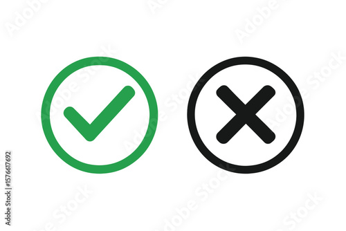Green Check Mark and Black Cross Icon Set. Vector Approval and Rejection Symbols. Tick and X Button in Circle. Decision, Choice, Correct, Incorrect, Yes, No, Accept, Deny, Transparent Background