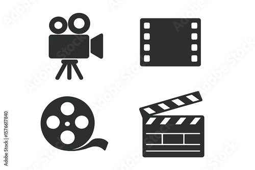 Movie Production Icon Set. Vintage Film Camera, Clapperboard, Film Reel, Movie Strip. Cinematic Equipment Symbols for App, Website, Design. Vector Illustration Isolated on Transparent Background