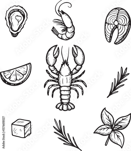 Seafood Vector Icons ,Set of Marine Food Illustrations Isolated on White

