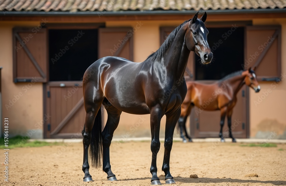 Obraz premium Serene horse stable with wooden barn in warm beige tones. Two horses present - chestnut and brown colors. Majestic horse standing, resting horse lying down. Green grass field in background.