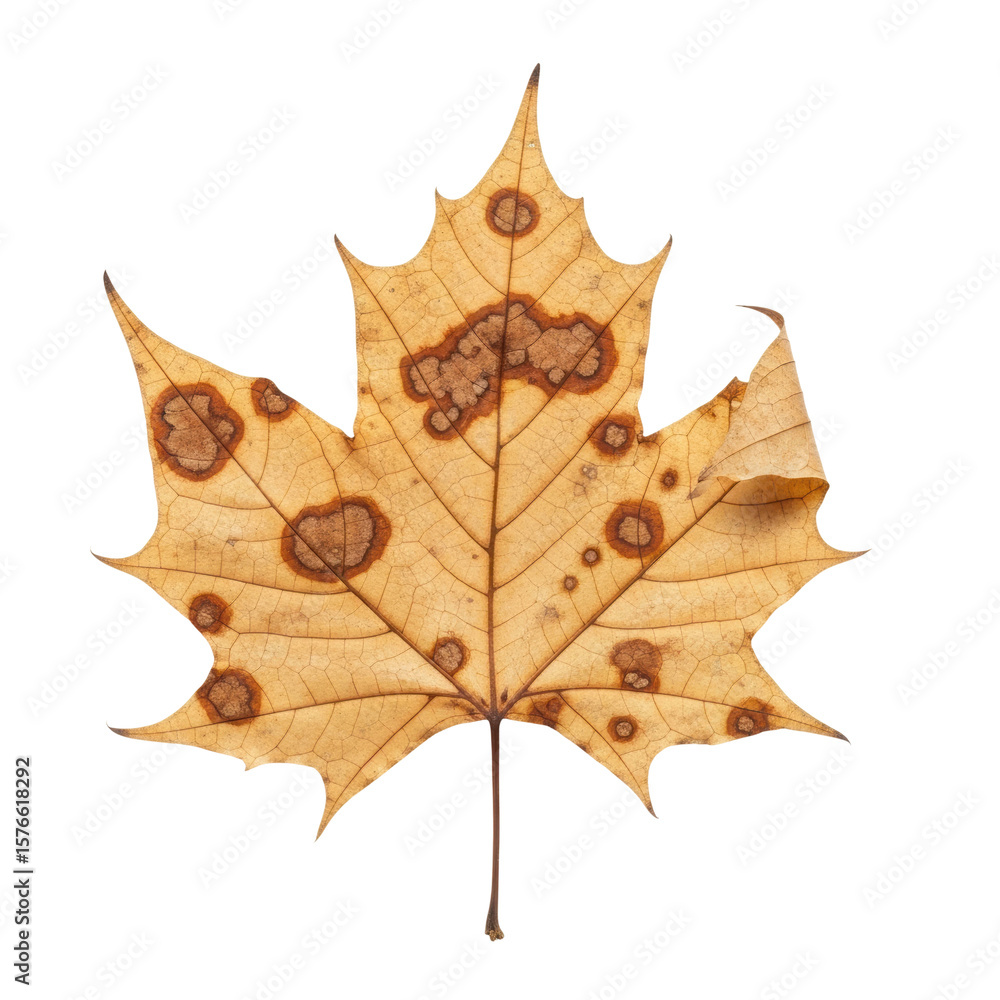 Fototapeta premium Close up of a dried maple leaf with dark spots. Great for use as design element or to illustrate plant diseases.