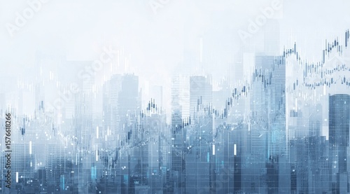 A stylized cityscape overlaid with translucent stock market graphs, suggesting financial growth and urban development