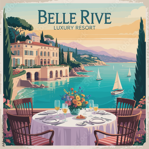 Illustration of belle rive luxury resort with table setting and ocean view artwork