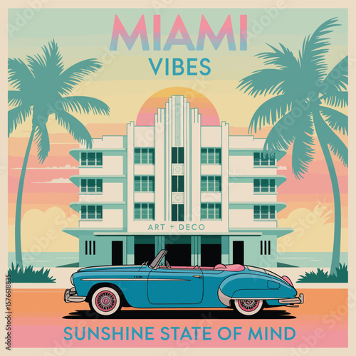 Illustration of art deco building with vintage car and palm trees in miami style poster