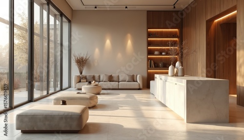 Wallpaper Mural Bright, modern showroom interior features panoramic windows, comfortable ottomans, and stylish furniture. Neutral color palette with warm lighting creates an inviting atmosphere for retail display. Torontodigital.ca