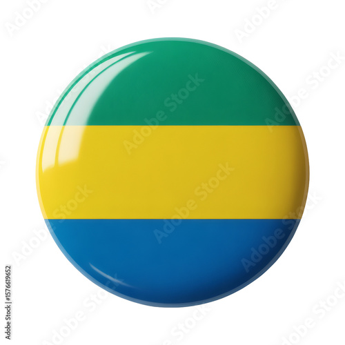 Free Download Gabonese flag displayed on a glossy button against white background, featuring national colors and a modern, patriotic symbol. - GFXLoad